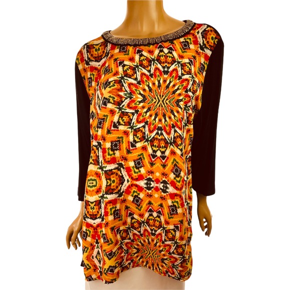 new directions Tops - New Directions Size 1X Blouse Orange/Black/White 3/4 Sleeve Beads at Neckline